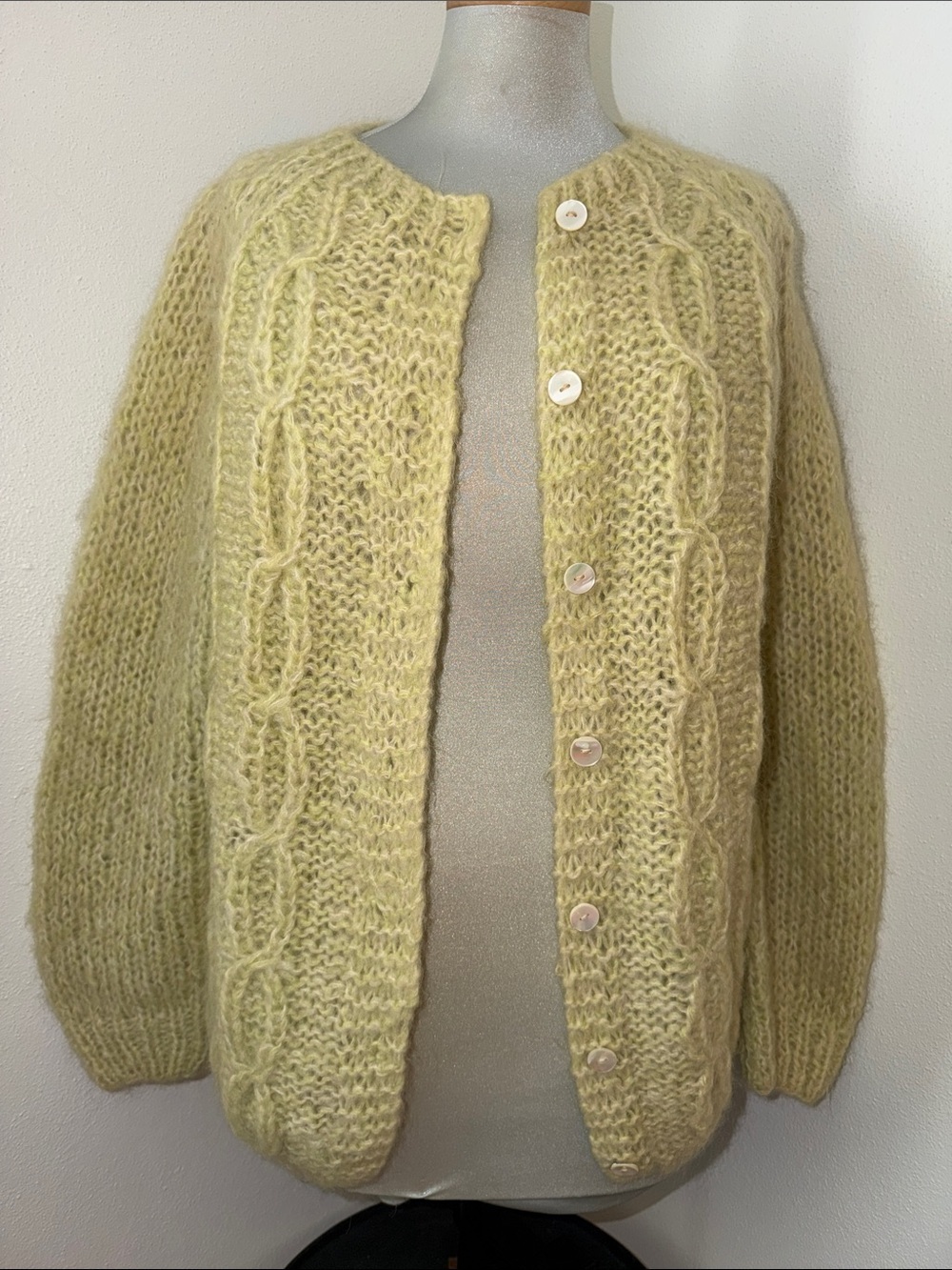 Vintage made in Italy wool mohair sweater cardigan green yellow Burdines Large L